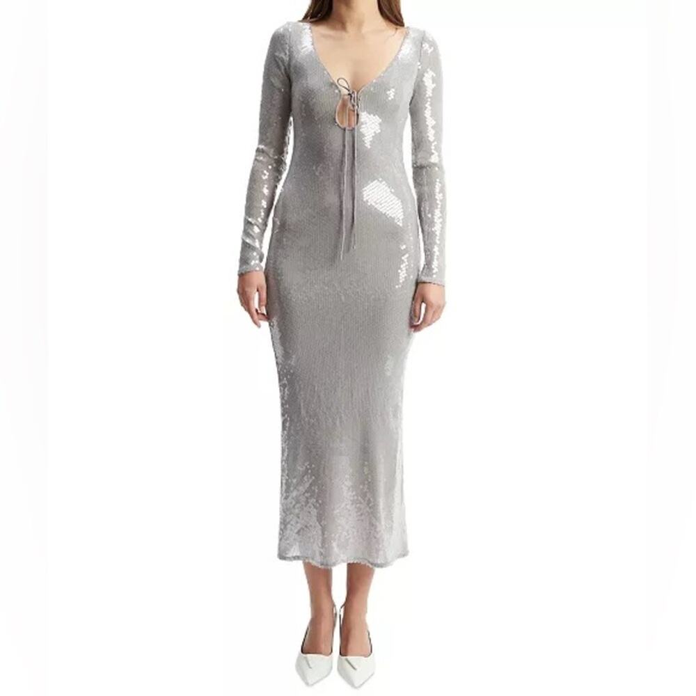Bardot Women's Verona Low-Back Sequin Maxi Dress Silver Sz 8